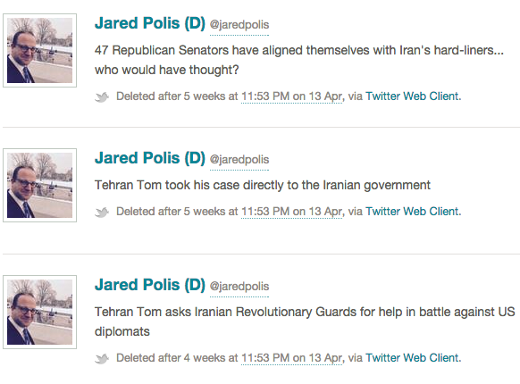 Three deleted tweets from the account of Rep. Jared Polis, D-Colo., that were archived in Politwoops.